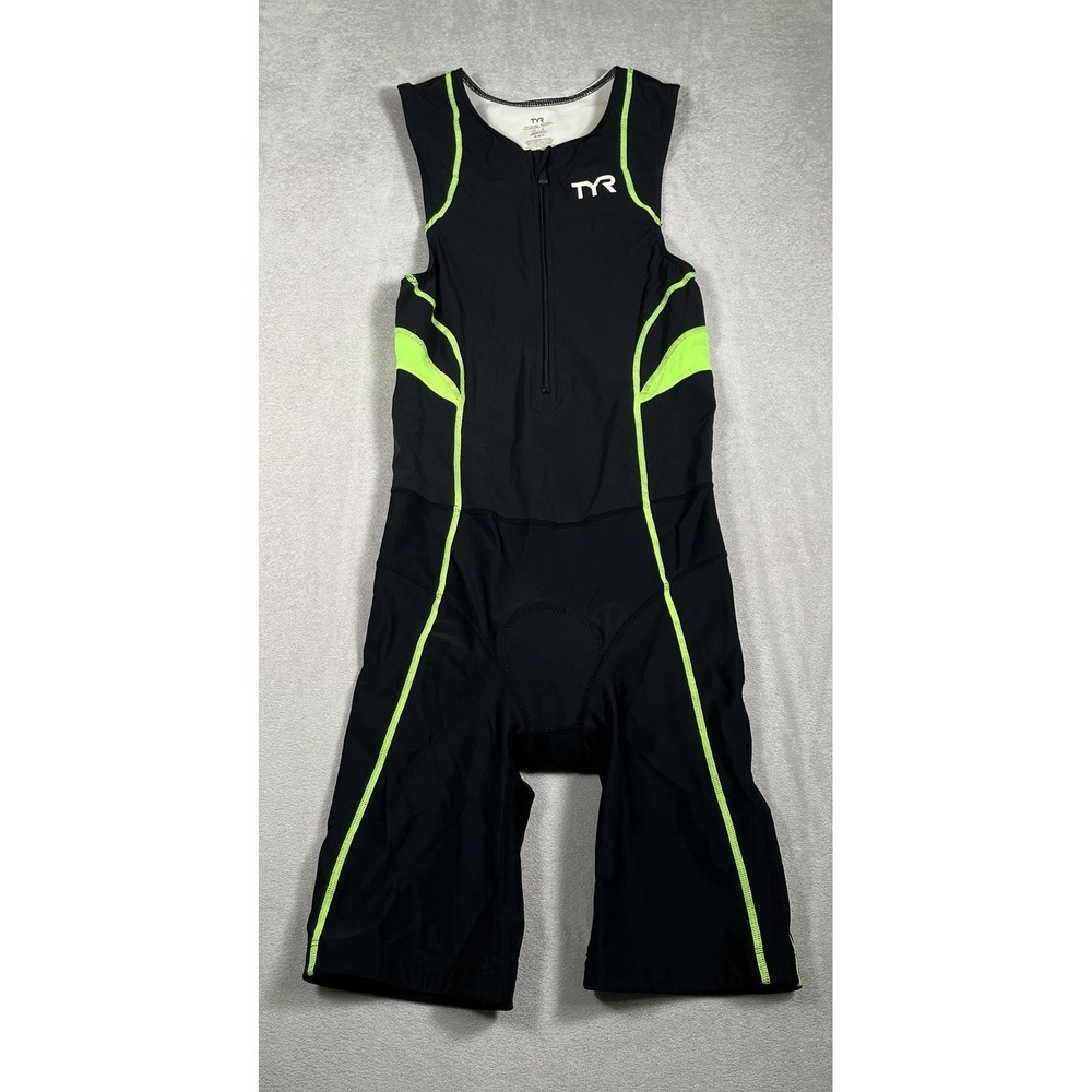TYR COMPETITOR Mens S Green/Black Trisuit Shorts 1/2 Zip Padded Pockets USA Made